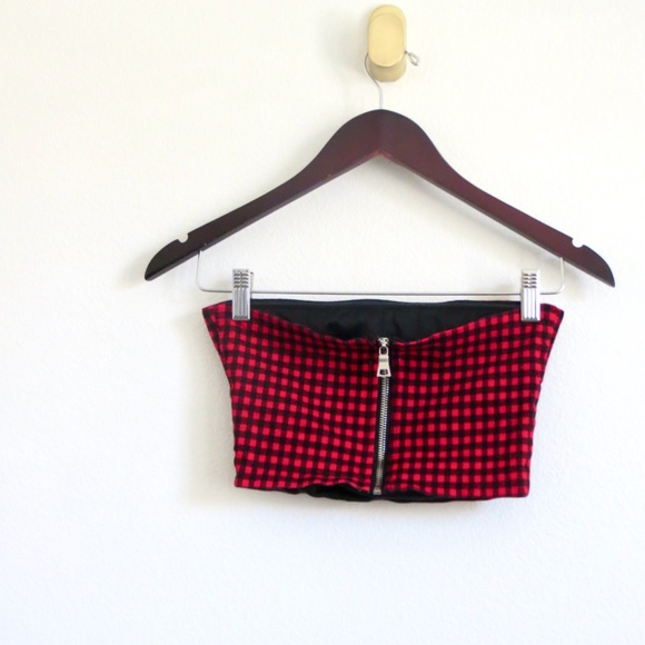 I AM GIA Alexis Checkered Strapless Crop Top Red Black SZ S - Picture 8 of 12